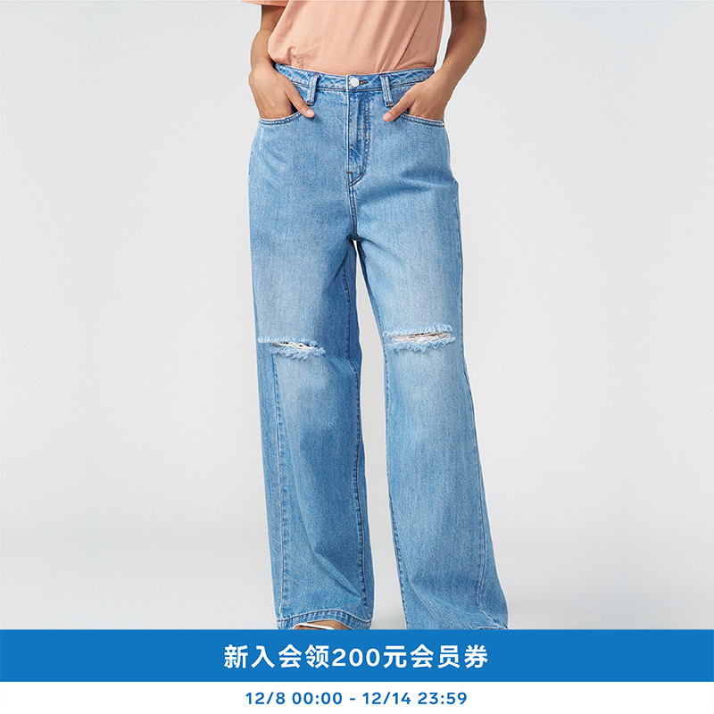 kleeklee重洗蓝牛仔破洞直筒裤