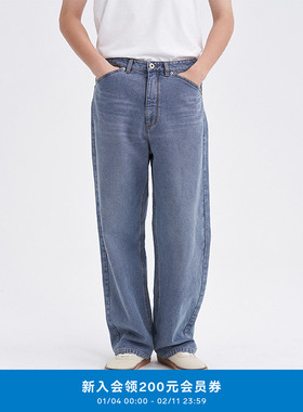 klee klee25冬新款男装靛蓝染休闲宽松复古直筒牛仔裤K1253PA09