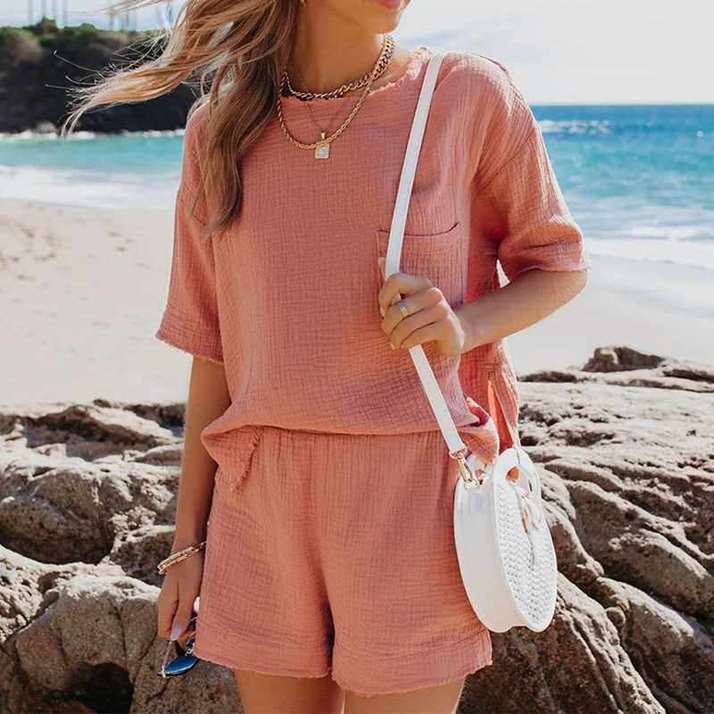 SUMMER CASUAL COTTON LNEN POCKET SETS SHORT SLEEVE T SHRT