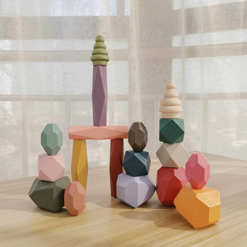 CHLDRENS WOODEN COLORED STONE JENGA BULDNG BLOCK EDUCAT