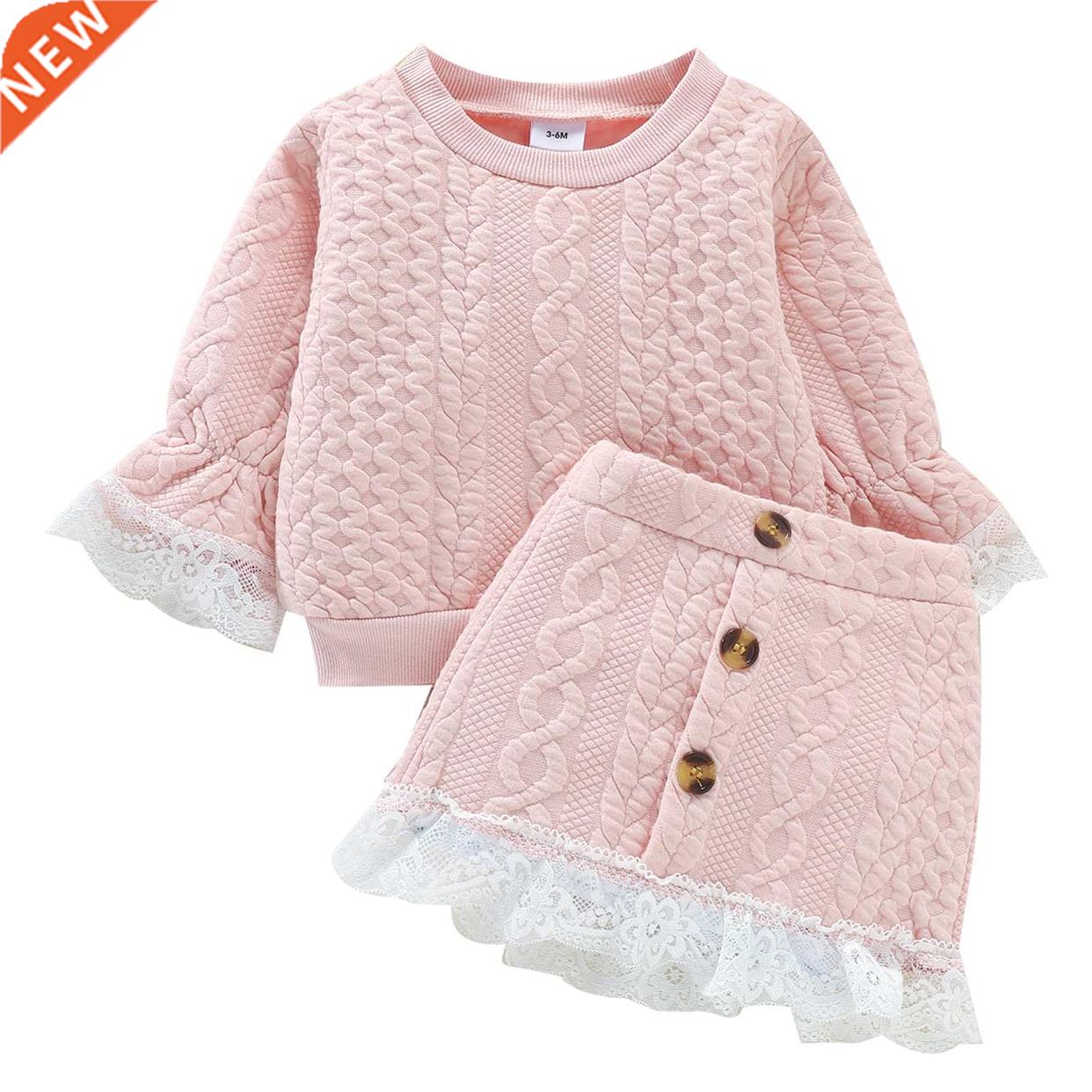 Lioraitiin 3M-3T 2Pcs Baby Girls Long Flare Sleeve Lace O-Ne