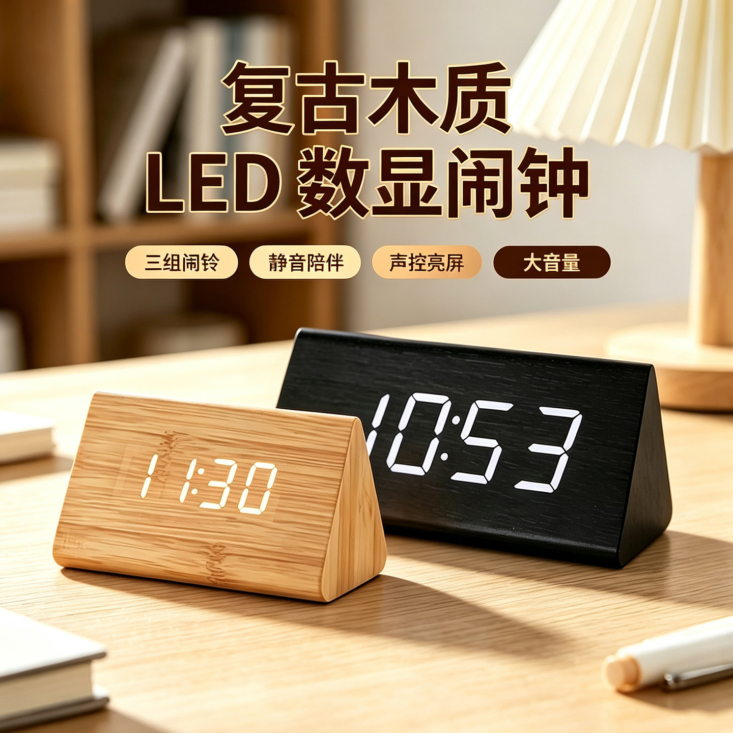 复古木质LED夜光大音量闹钟图片