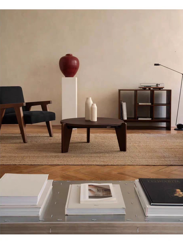 实木咖啡桌意大利轻豪华沙发边桌客厅黑胡桃木圆桌家庭咖啡桌组合