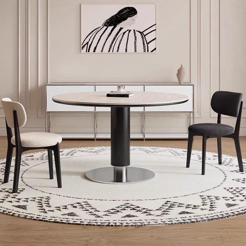 意式新款中古风圆桌家用小户型实木D岩板餐桌椅组合复古圆形小餐