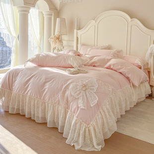 公主风床裙款四件套全棉纯棉2026新款长绒棉被套粉色花边法式床品