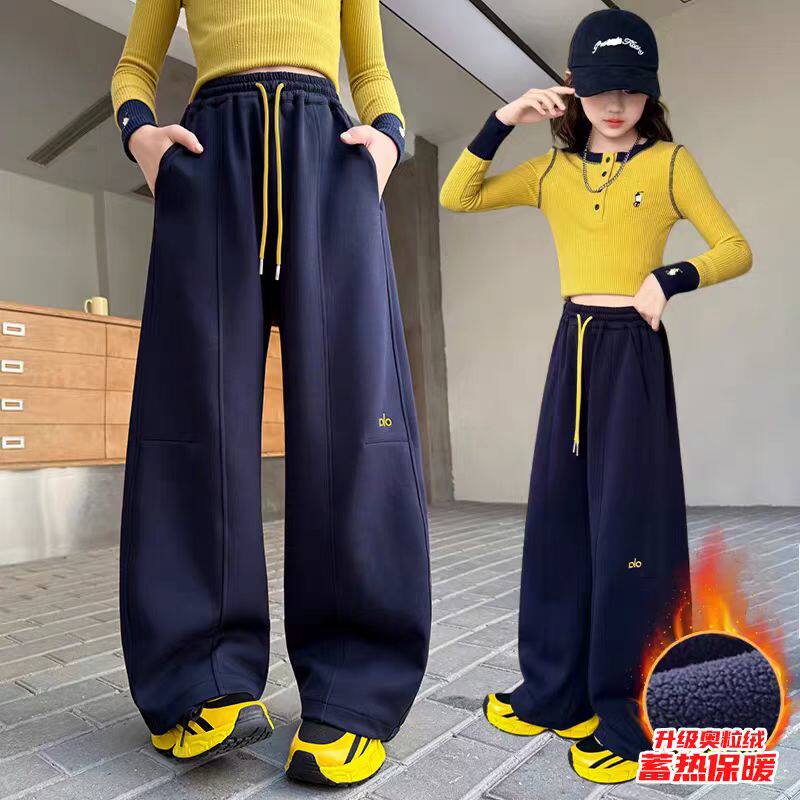 女童加绒运动裤2025秋冬款初中生女孩裤子大童休闲卫裤弯刀裤