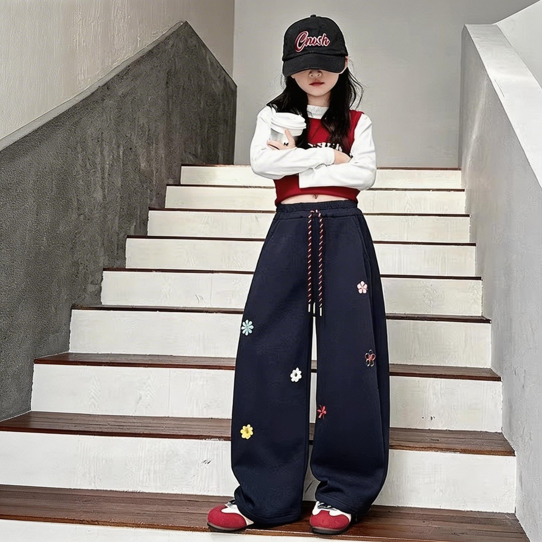 2026新款女童绣花阔腿运动卫裤