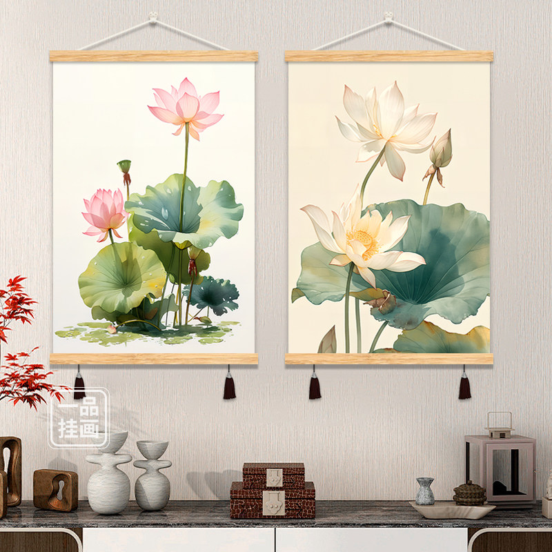 玄关装饰画荷花布艺挂画客厅茶室挂布背景布竖款中国风禅意墙壁画