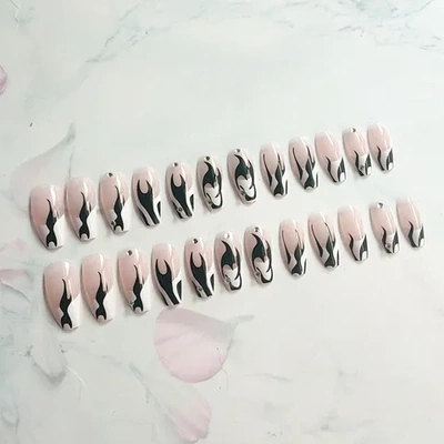 甲片欧美风长假指甲贴片可拆卸388-美甲成品黑白芭蕾火焰穿戴