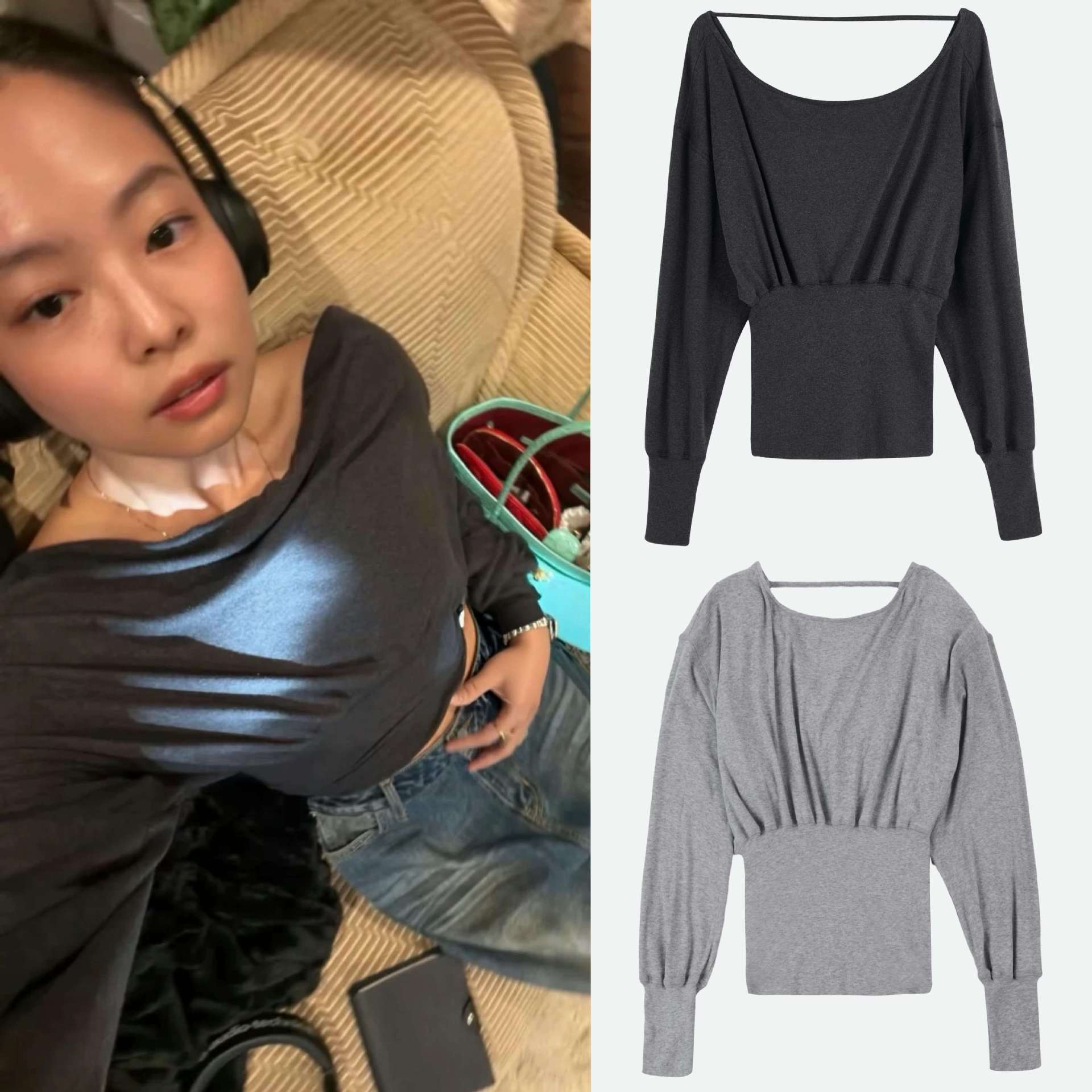 jennie同款~cerric多穿法一字肩荡领上衣 性感辣妹斜肩露背t恤女