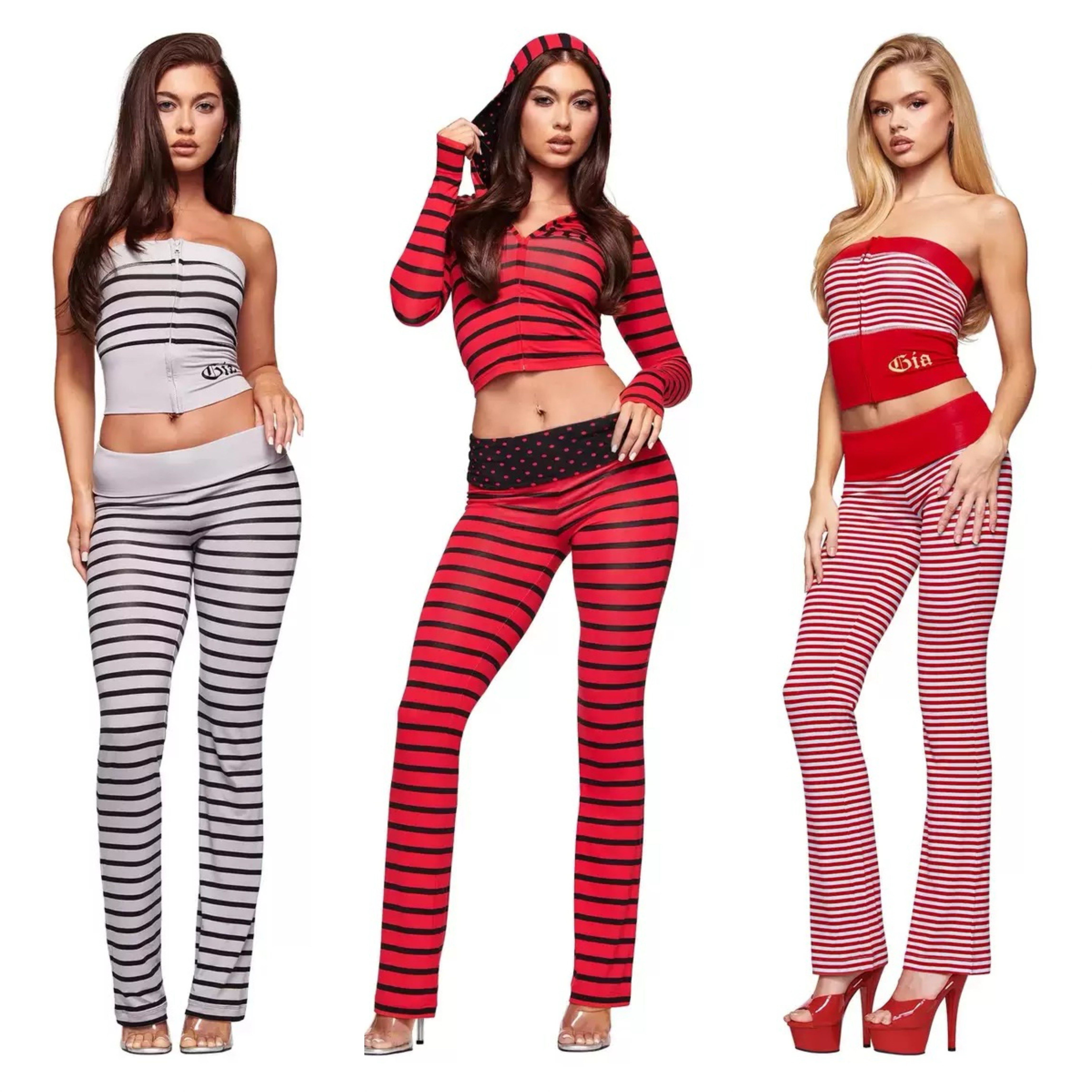 IAMGIA 新款时尚条纹拉链抹胸休闲松弛修身型长裤舒适简约套装