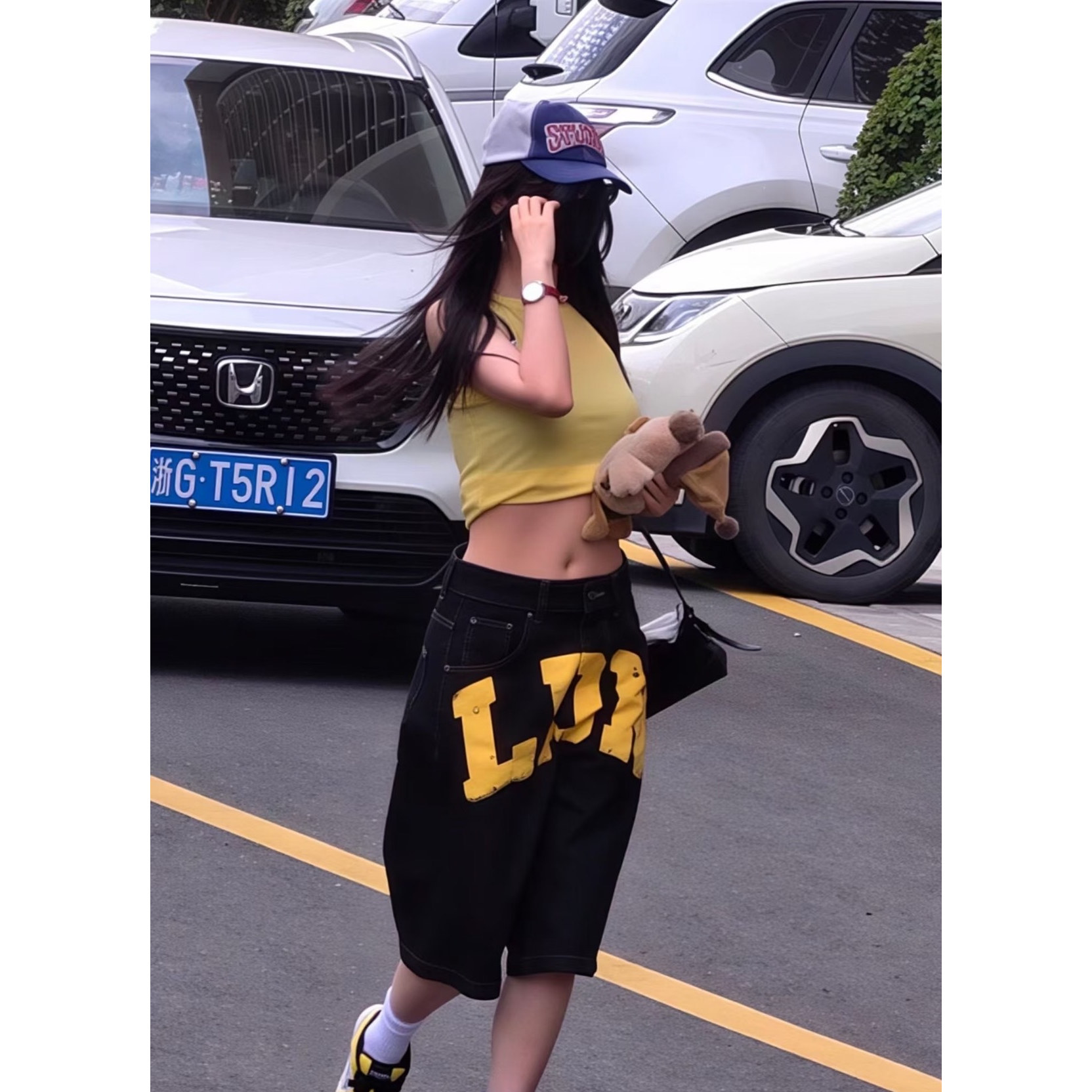 新款jadedlondon字母印花牛仔裤女美式街头宽松休闲直筒阔腿短裤