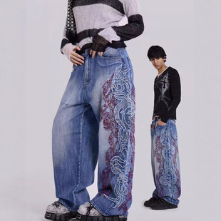 阔腿裤 JADED LONDON双色图腾刺绣水洗做旧宽松牛仔裤