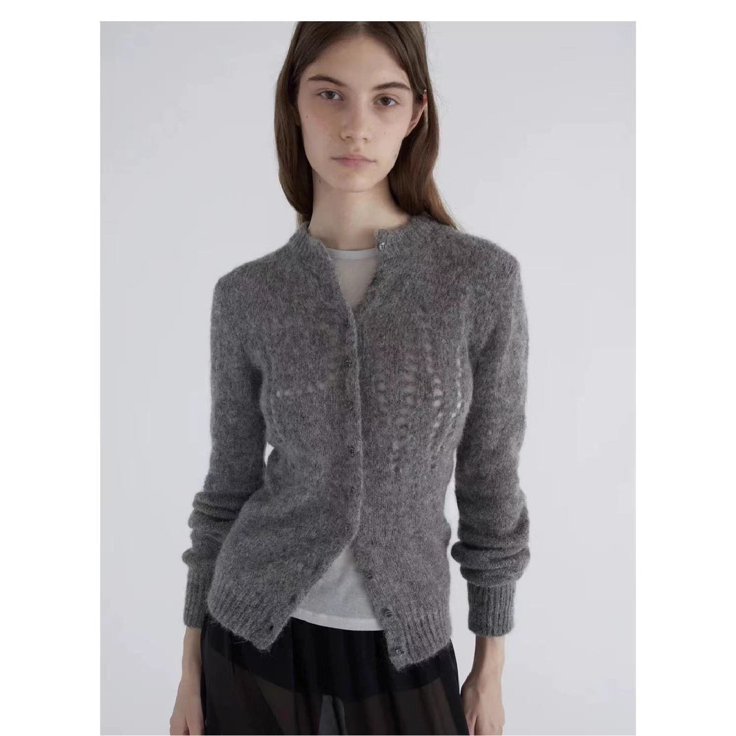 paloma wool 25秋冬新品圆领开衫灰色经典字母镂空毛衣开衫外套