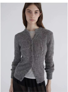 paloma wool 25秋冬新品圆领开衫灰色经典字母镂空毛衣开衫外套