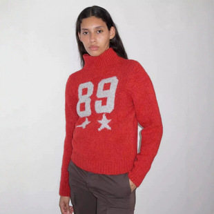 秋冬paloma wool现货西班牙红色羊毛混纺针织字母钩编翻领毛衣