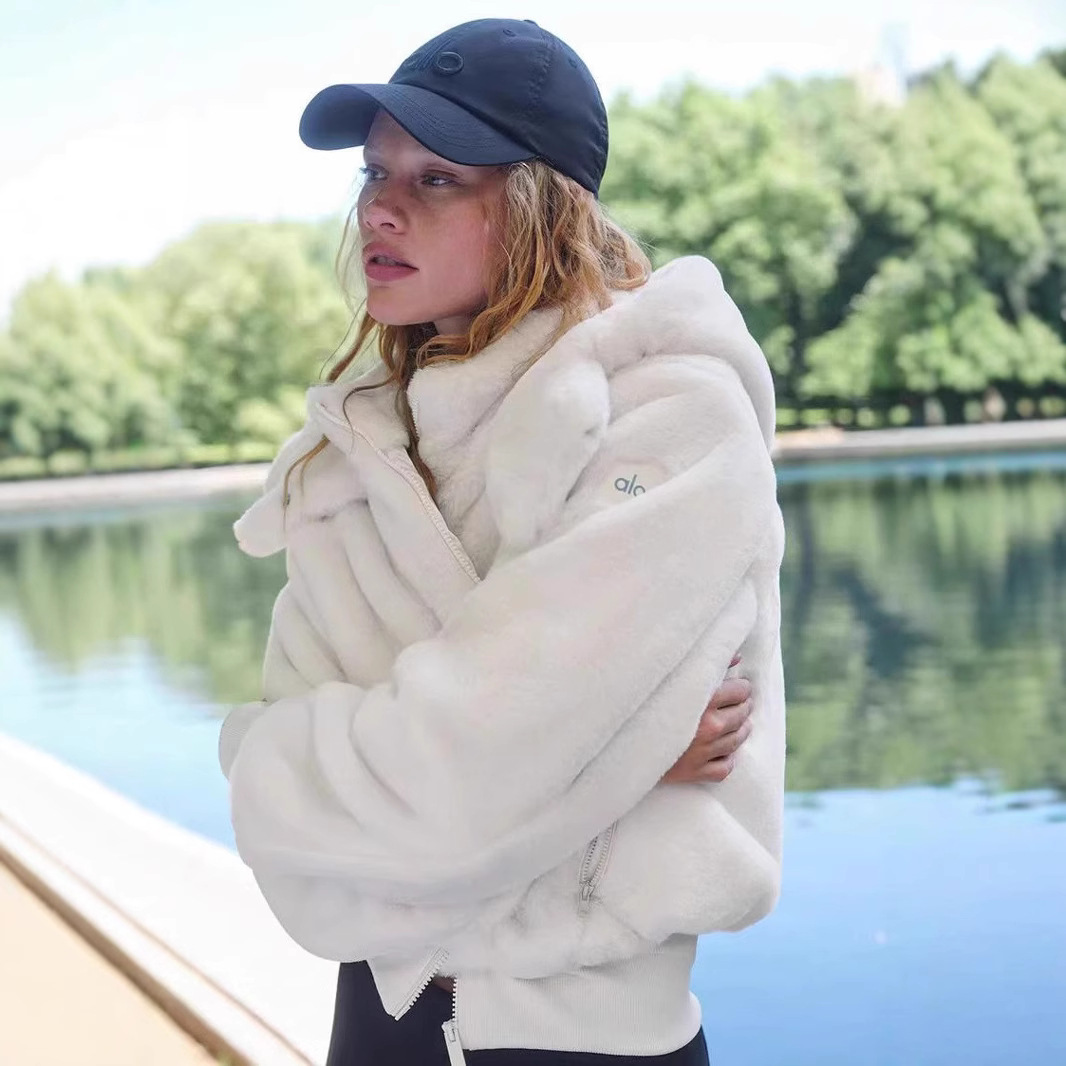 Alo 肯豆同款兔绒毛绒绒连帽棉衣棉服短外套女冬毛毛欧美夹棉棉袄