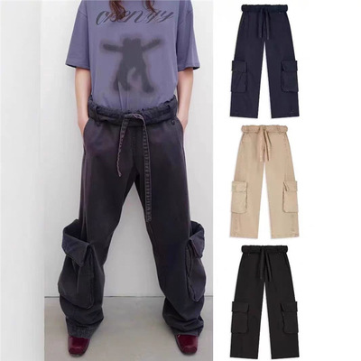 openyy25春夏水洗做旧翻腰抽绳宽松口袋工装裤open  yy