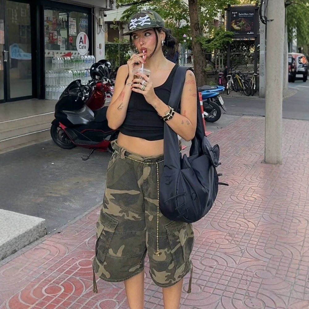 夏季新款jadedlondon李娜琏同款迷彩低腰抽绳工装牛仔短裤中裤