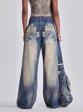 IAMUBABA新款jaded London翅膀印花牛仔裤女秋复古水洗阔腿裤女