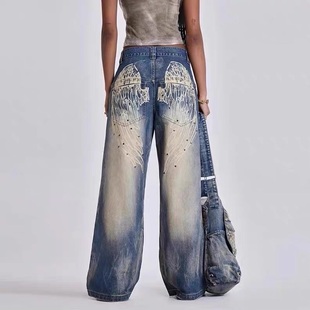 女秋复古水洗阔腿裤 London翅膀印花牛仔裤 女 jaded IAMUBABA新款