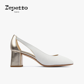 REPETTO丽派朵 新品 TERRY牛皮革皮底白金方头法式 拼色女士高跟鞋