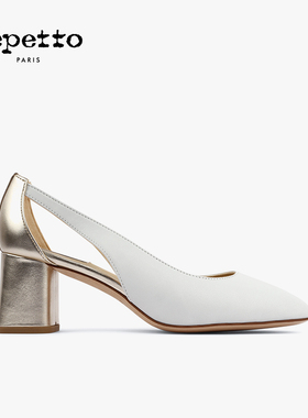 REPETTO丽派朵 TERRY牛皮革皮底白金方头法式拼色女士高跟鞋新品