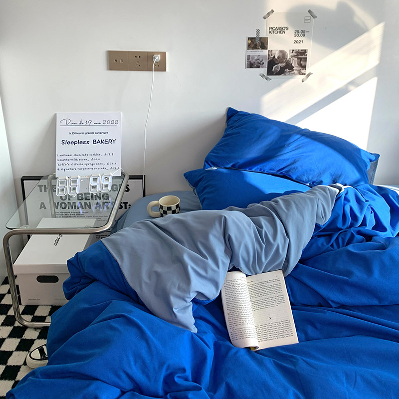 文艺ins博主混搭风蓝色双拼水洗棉四件套克莱因蓝男生床单三件套