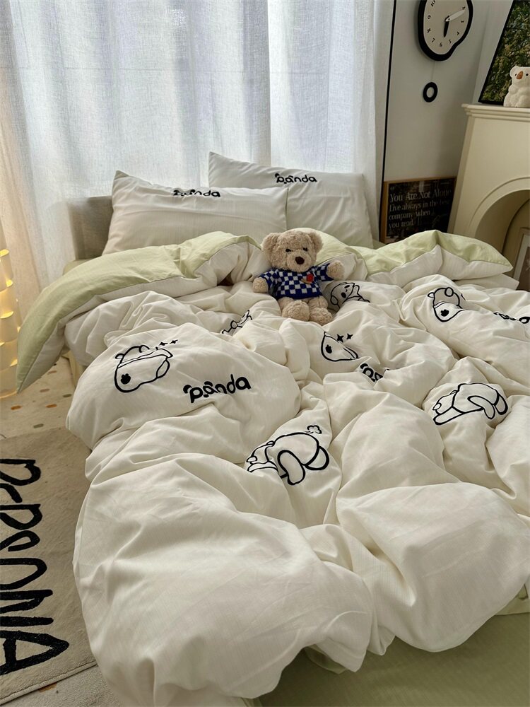ins少女可爱熊猫刺绣水洗棉床上四件套床单纯色被套学生三件套1.8