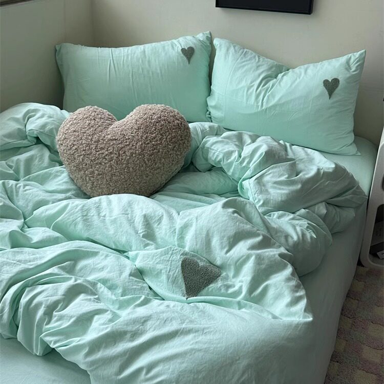 ins小清新少女爱心毛巾绣水洗棉四件套床单纯色被套宿舍三件套1.8