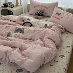 韩系少女粉色ins卡通贴布绣猫猫水洗棉四件套床单学生三件套床笠