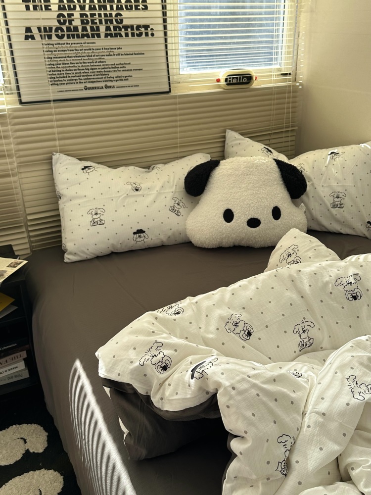 简约ins可爱卡通小狗狗水洗棉四件套床单纯色被套学生宿舍三件套