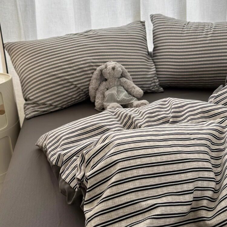 简约日式ins条纹泡泡水洗棉四件套床单纯色被套宿舍三件套床笠1.8