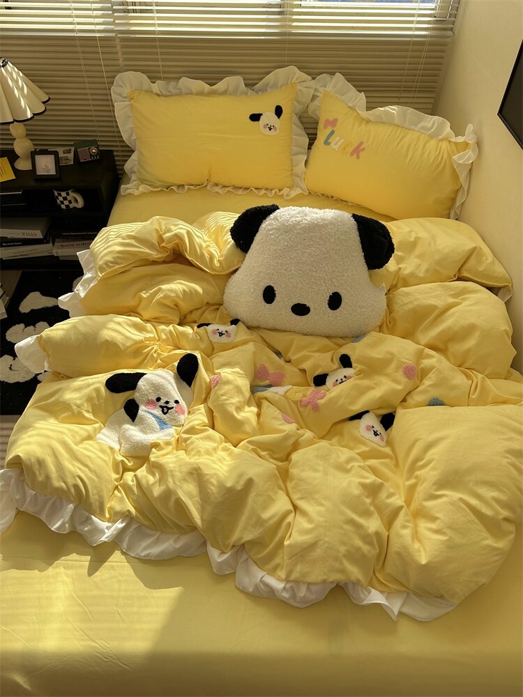 韩系ins卡通帕恰狗狗毛巾绣水洗棉四件套床单学生被套宿舍三件套