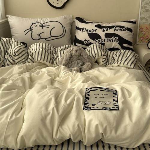 少女可爱猫咪水洗棉四件套床笠款