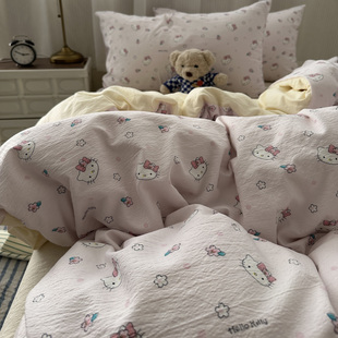 可爱少女ins卡通三丽鸥KT猫咪软糯水洗棉四件套学生床单三件套1.8