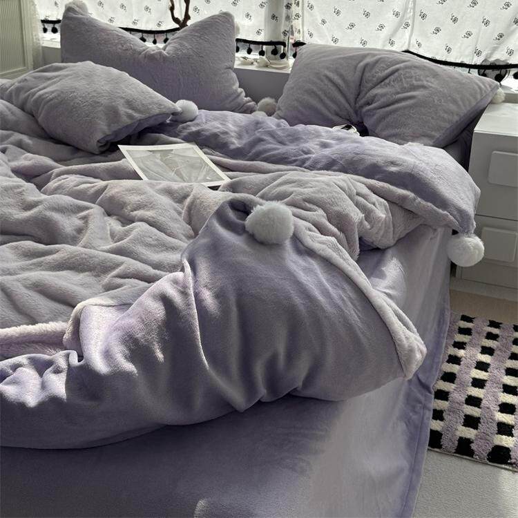 ins简约少女纯色毛球球牛奶绒冬季四件套加厚珊瑚绒保暖三件套1.8