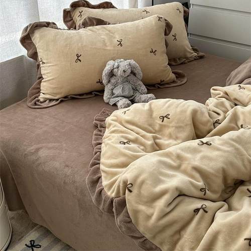 温柔少女蝴蝶结牛奶绒四件套床笠