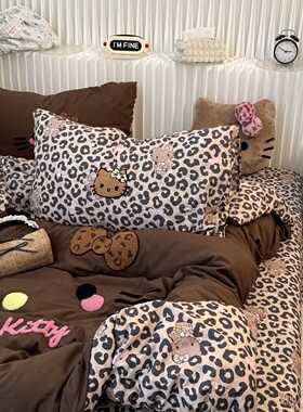 可爱少女豹纹黑皮KT猫咪毛巾绣水洗棉四件套床单学生三件套床笠2m
