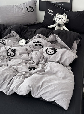 少女ins黑色可爱猫咪毛巾绣水洗棉四件套床单学生宿舍三件套床笠