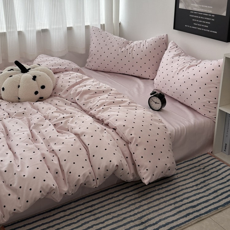 韩系少女粉色ins简约波点水洗冰丝四件套夏季凉感冰丝三件套床笠