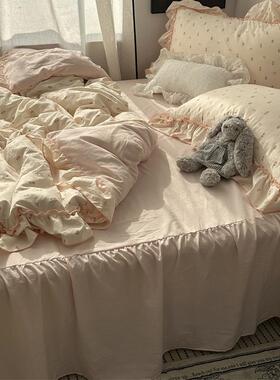 韩系少女奶油粉色郁金香水洗棉四件套床单公主风床裙三件套床笠2m