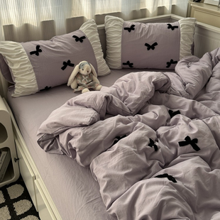 ins韩系公主风大褶皱蝴蝶结水洗棉四件套床单学生宿舍三件套床品