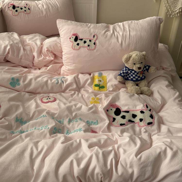 ins少女卡通粉色可爱狗狗毛巾绣水洗棉四件套床单学生三件套床笠
