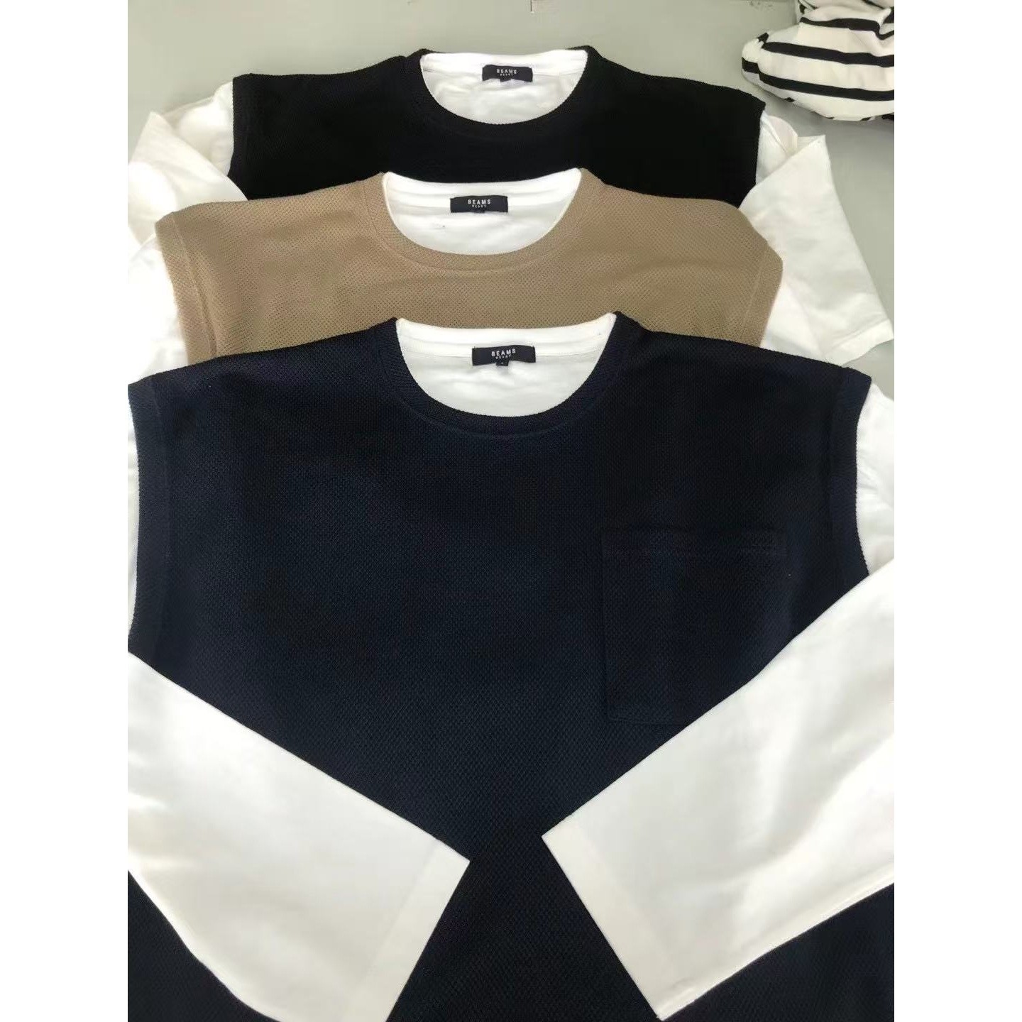 日系BEAMS 针织假两件男士秋季休闲拼接袖长袖T恤