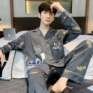 纯棉长袖 卡通家居服套装 加大码 男式 宽松男士 全棉纯棉睡衣男春秋款