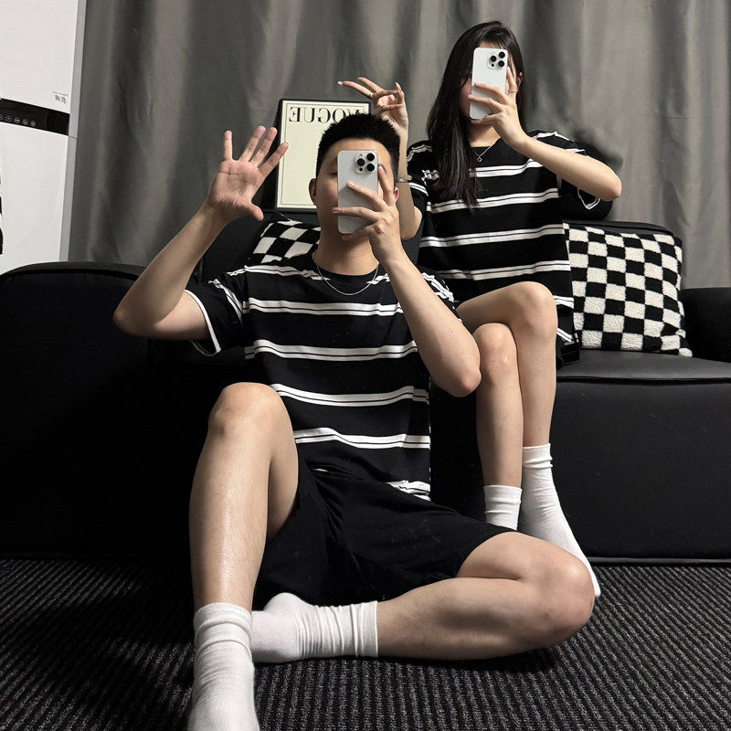 全棉纯棉纯棉情侣睡衣女短袖新款韩版夏季睡衣男圆领简约可外穿