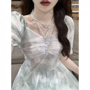 法式绿色水墨印花泡泡袖连衣裙女夏季2024新款超仙小个子气质长裙