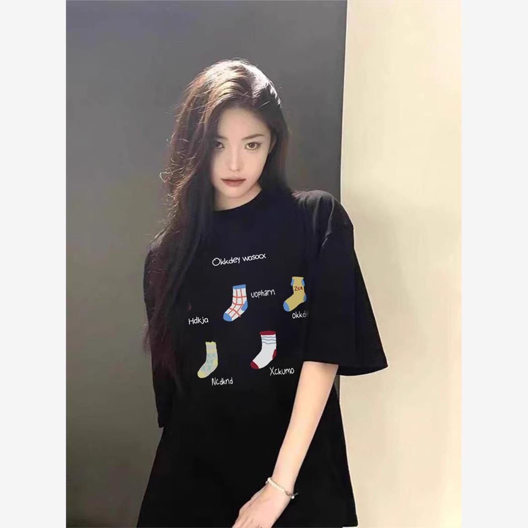 2025夏季新款爆款纯棉短袖t恤女正肩宽松美式复古黑色半袖上衣潮