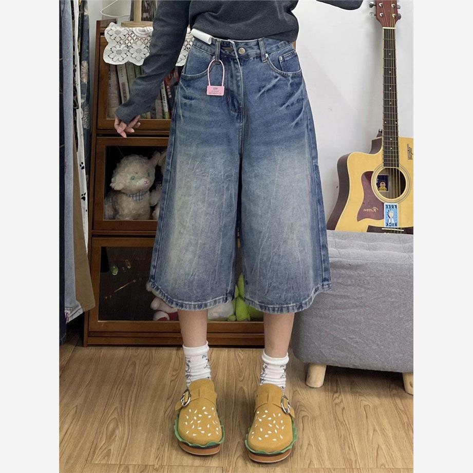 美式七分牛仔裤短裤女夏季新款复古宽松阔腿高腰大码显瘦直筒中裤